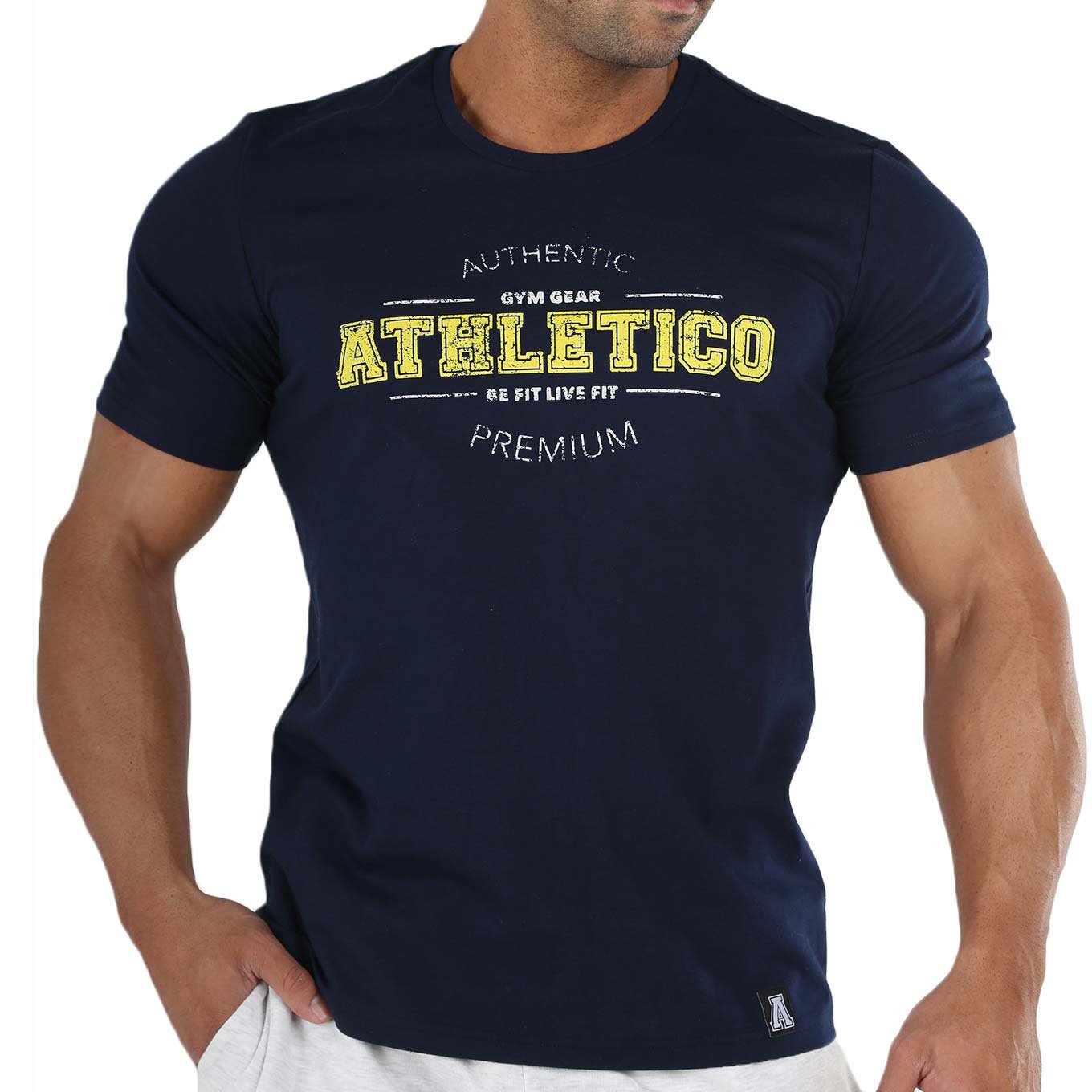 Athletico Mens Crew Neck T-Shirt (Navy/White-Yellow) - Athletico